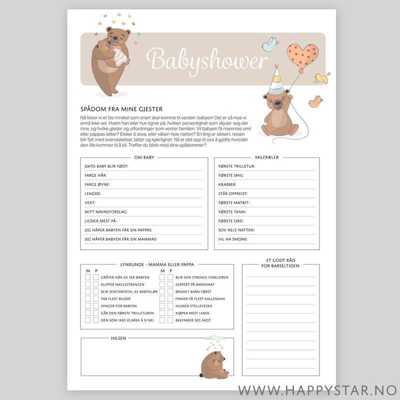 Spådomsark gjettelek Babyshower, beige - 20 stk