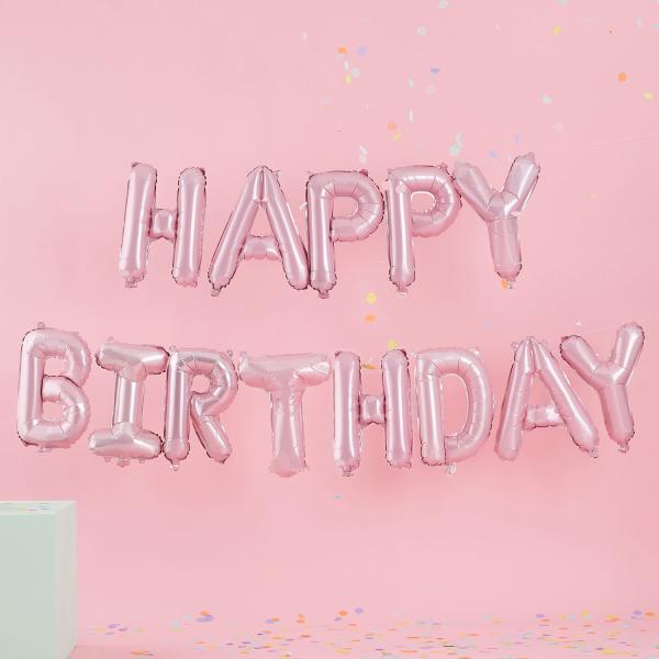 Ballongbanner, Happy Birthday - lys rosa
