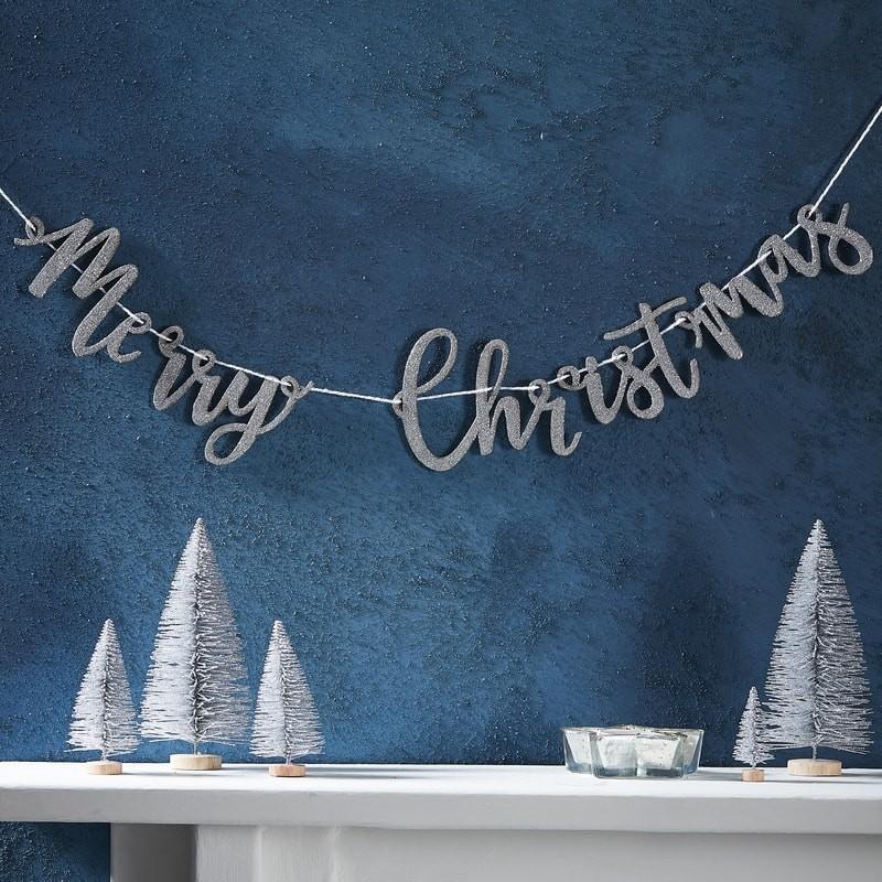 Banner treverk, sølvglitter - Merry Christmas