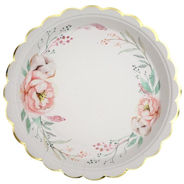 Papptallerkener, gull og blomster - 10 stk