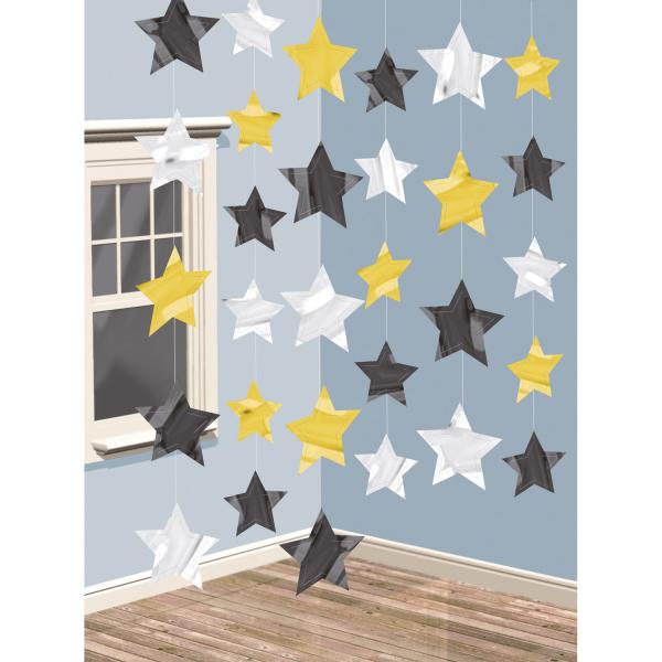 Hengende metallic stjerner, 213 cm - 6 stk