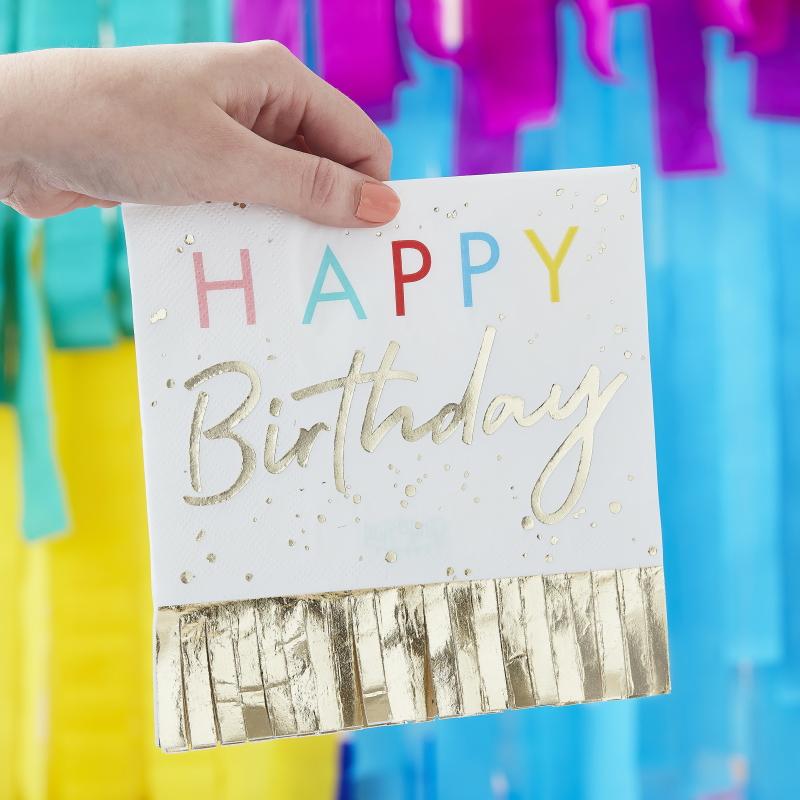 Servietter med gullfrynser - Happy birthday