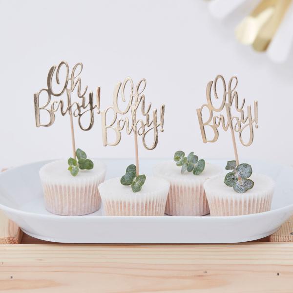 Cupcakepynt Oh baby, gull - 12 stk