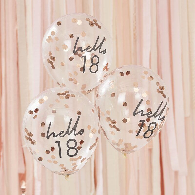 Konfettiballonger rosegull, hello 18 – 5 stk