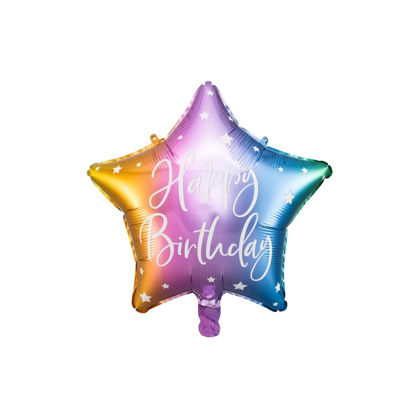 Folieballong stjerne, regnbue - Happy Birthday
