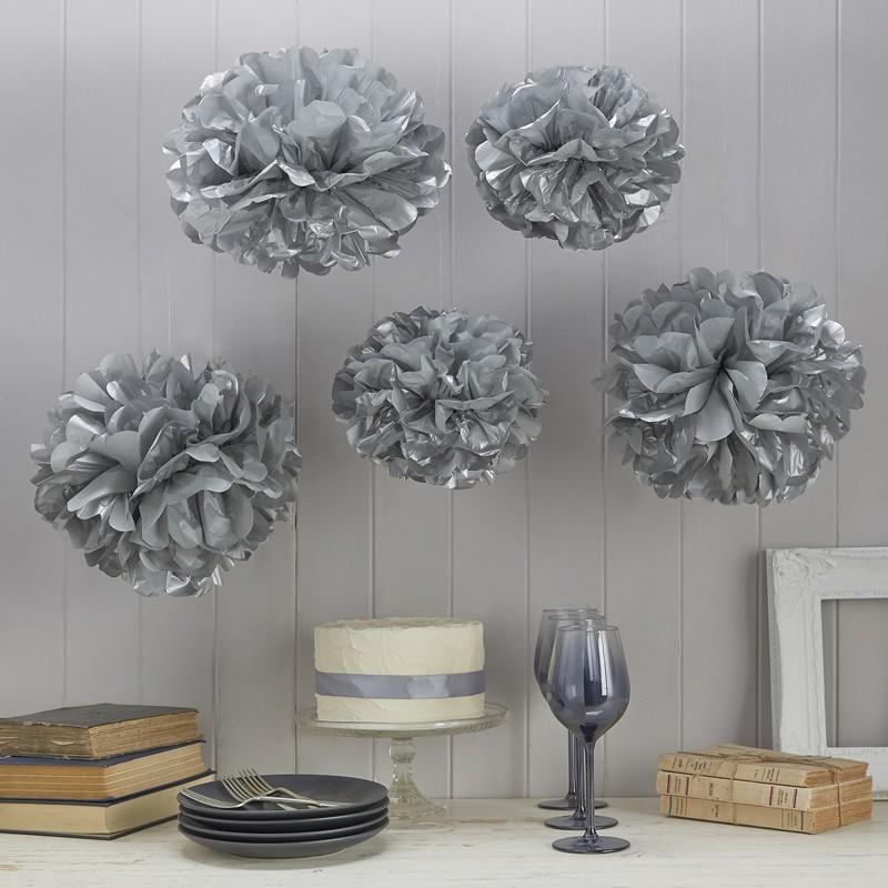 Pompoms metallic sølv – 5 stk