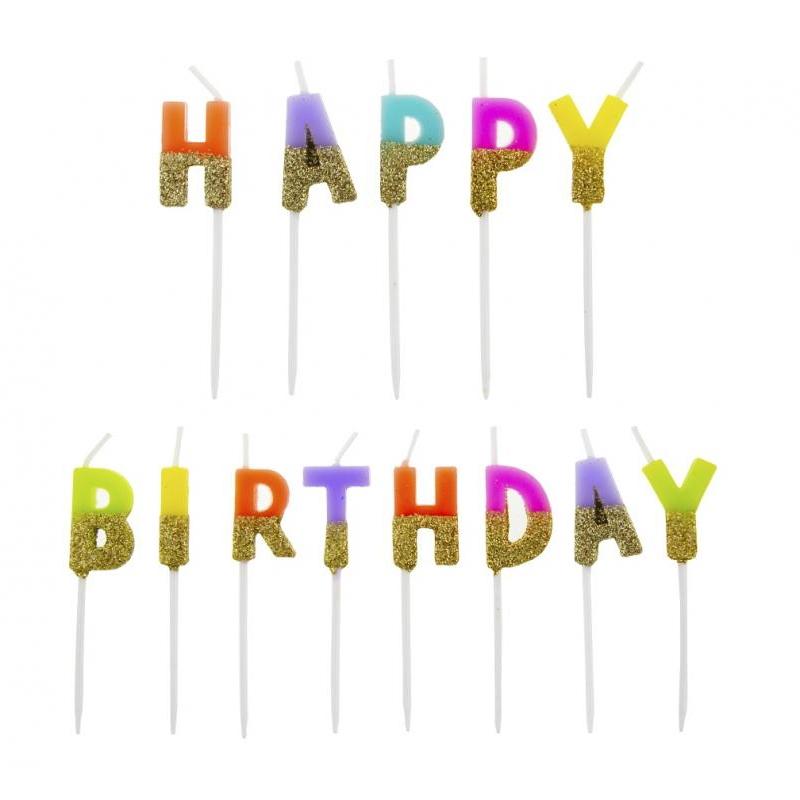 Kakelys bokstaver med gullglitter - Happy Birthday