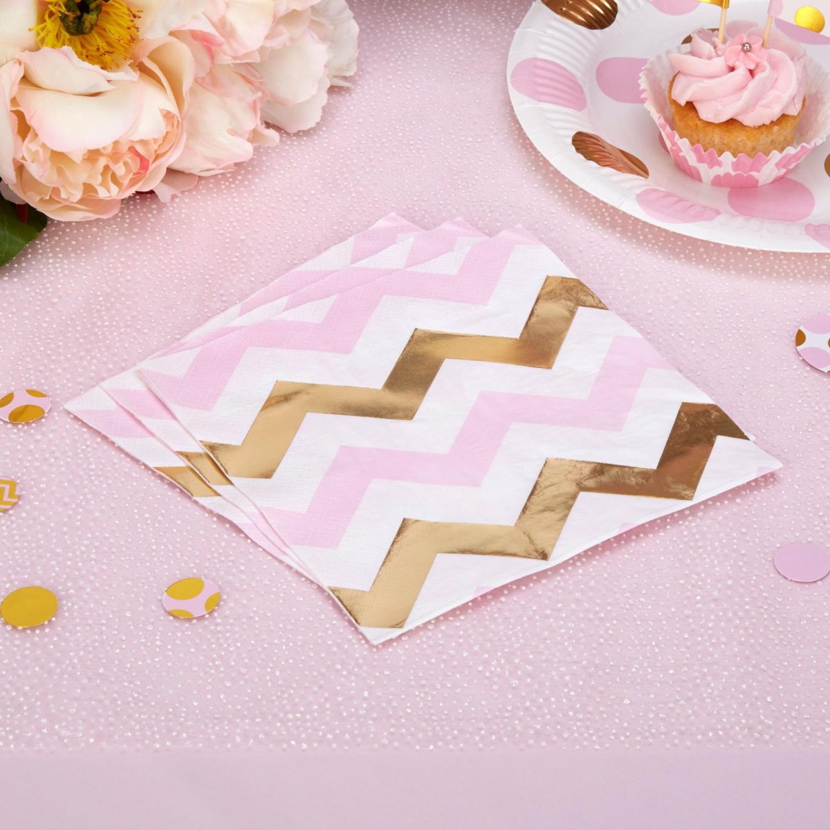Servietter lunsj, chevron rosa og gull – 16 stk