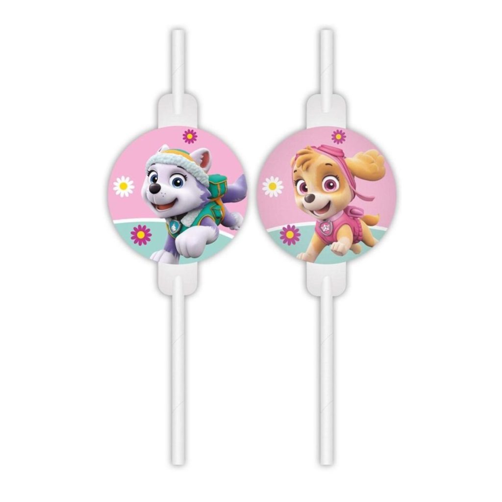 Papirsugerør, rosa Paw Patrol - 4 stk