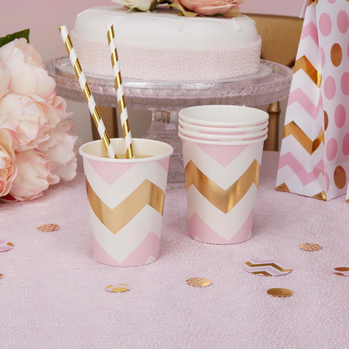 Pappkopper chevron, rosa og gull - 8 stk