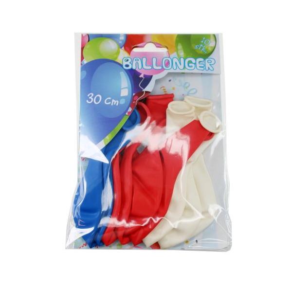 Ballonger rødt, hvit og blått, 30cm - 10 stk