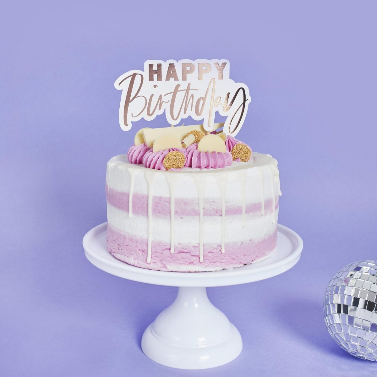 Kakepynt papp, rosegull - Happy Birthday