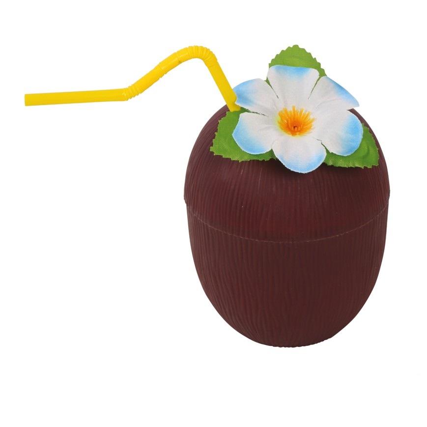 Kokosnøttkopp med blomst og sugerør