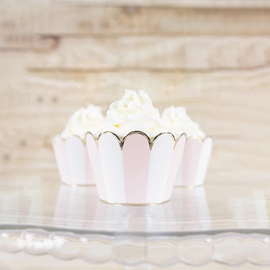 Cupcakeomslag, dus rosa med gullkant - 6 stk