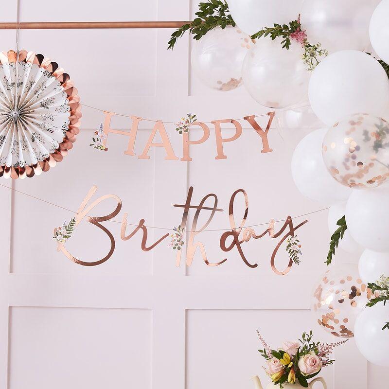 Banner botanisk rosegull - Happy birthday
