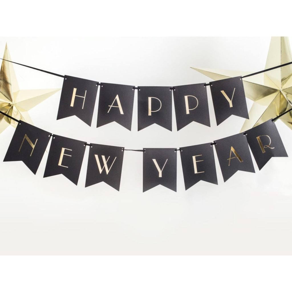 Flaggbanner, Happy New Year - svart og gull