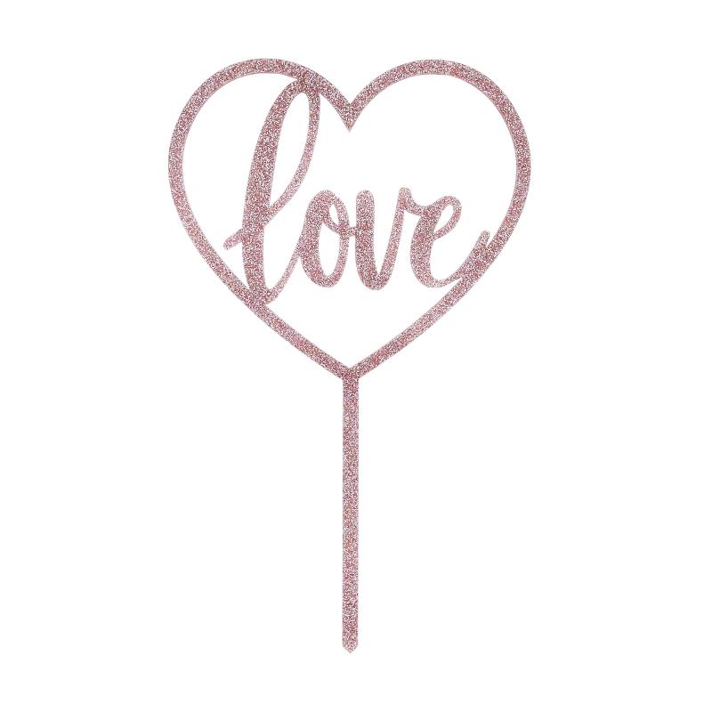 Kakepynt glitter, rosegull - Love med hjerte