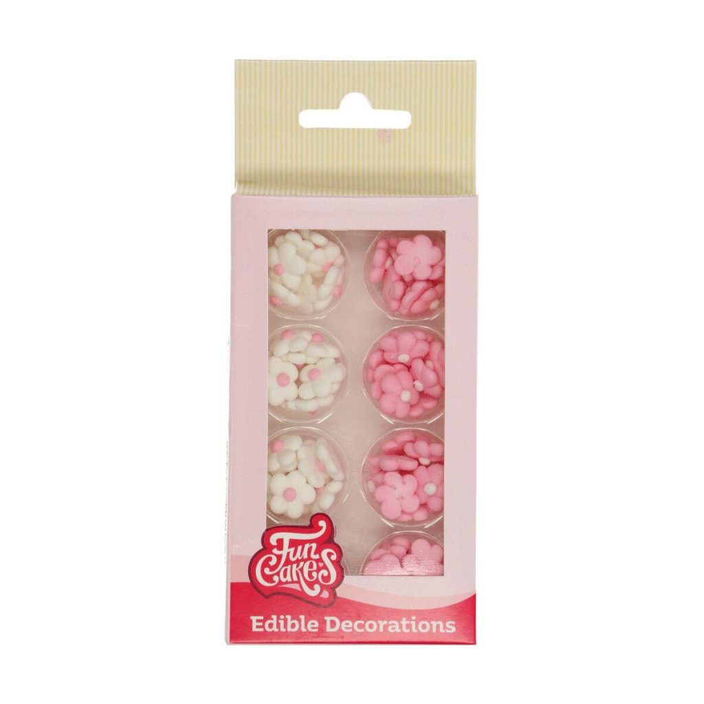 Spiselig kakedekor blomster, hvit og rosa - 64 stk