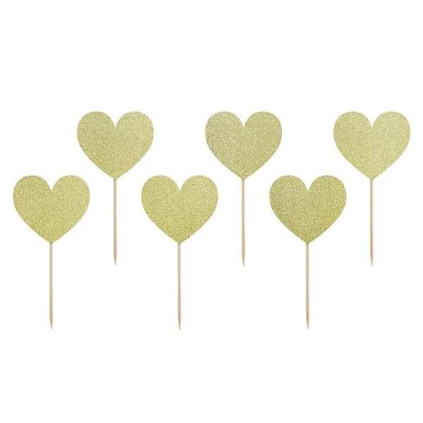 Cupcakepynt, hjerter med gullglitter  - 6 stk