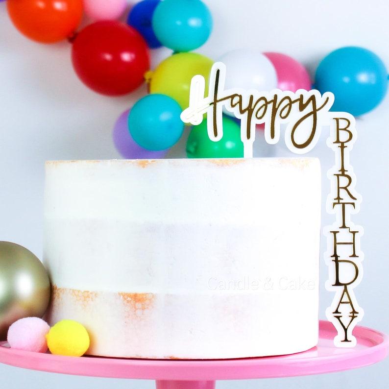 Kakepynt, Happy Birthday - gull og hvit