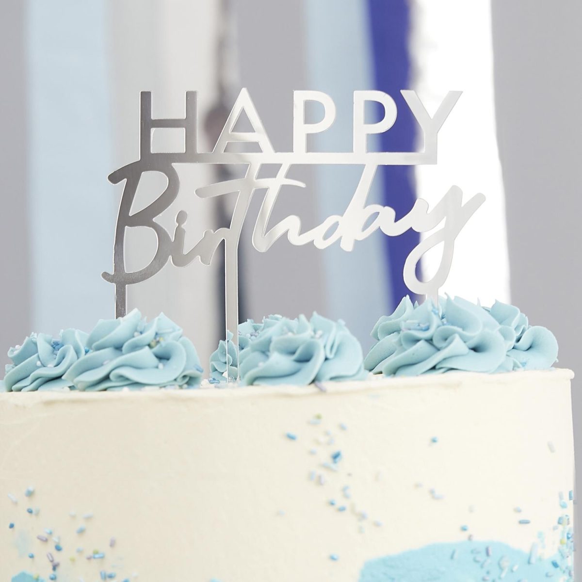 Kakepynt speil, sølv – Happy Birthday