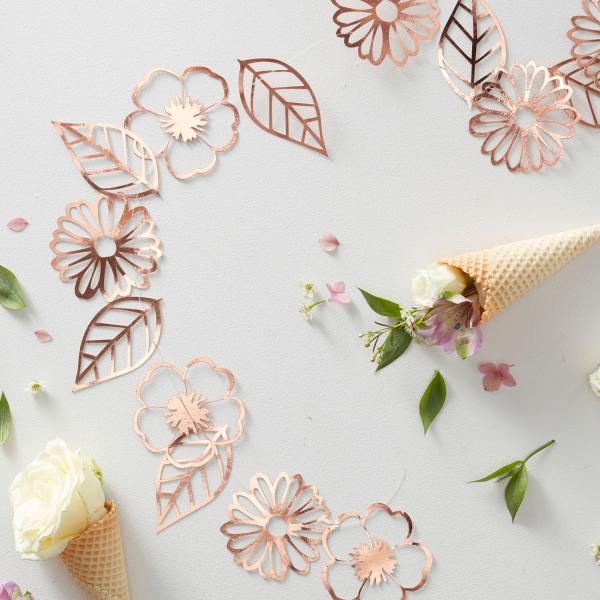 Girlander blomster, metallic rosegull - 3 meter