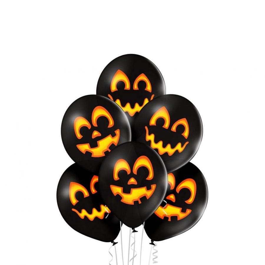 Ballonger, svarte med gresskarfjes - 6 stk
