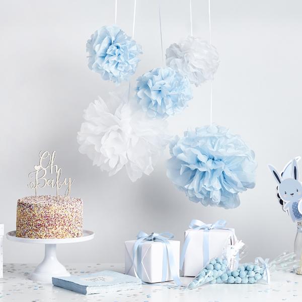 Pompoms blå og hvitt – 5 stk