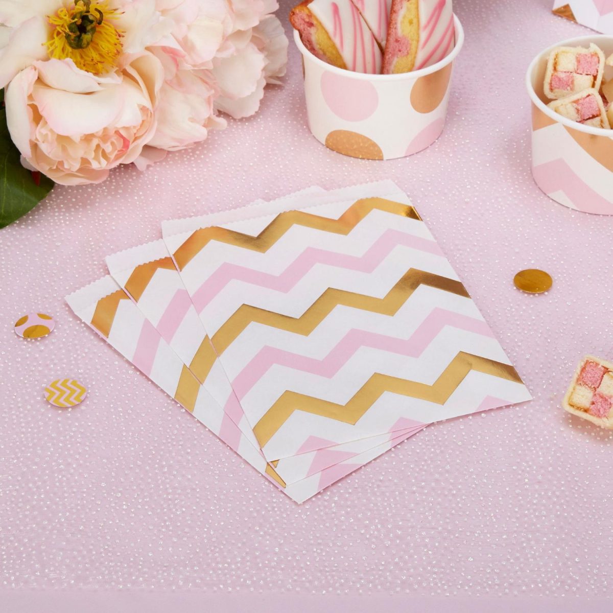 Snacksposer, gull og rosa chevron - 25 stk
