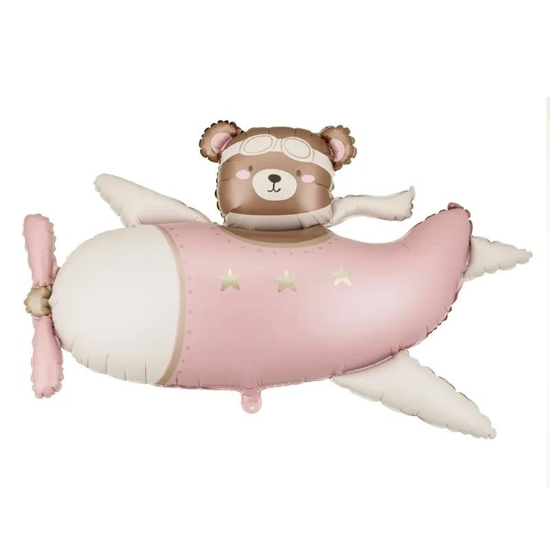 Folieballong, fly med bamse - Rosa