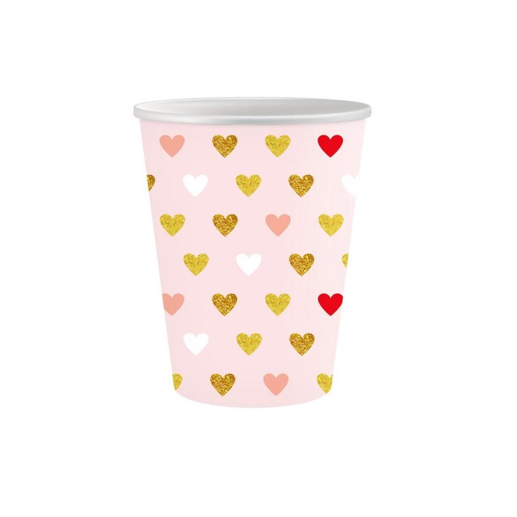 Pappkopper, rosa med hjerter - 6 stk