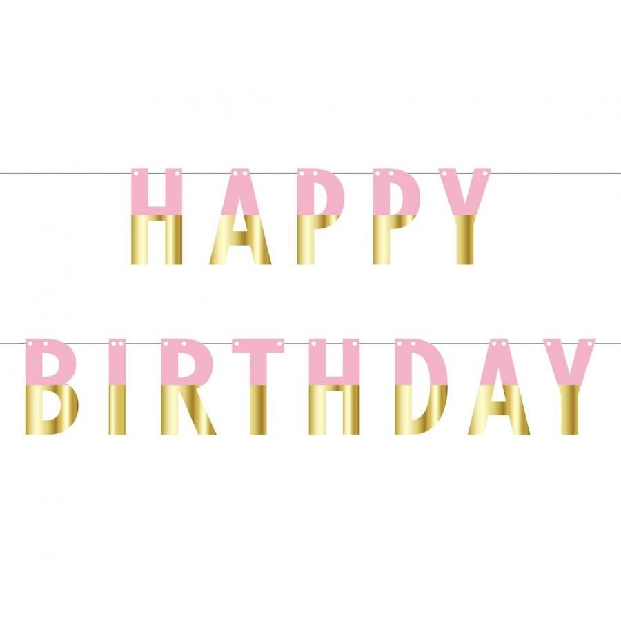 Banner, rosa og gull - Happy birthday
