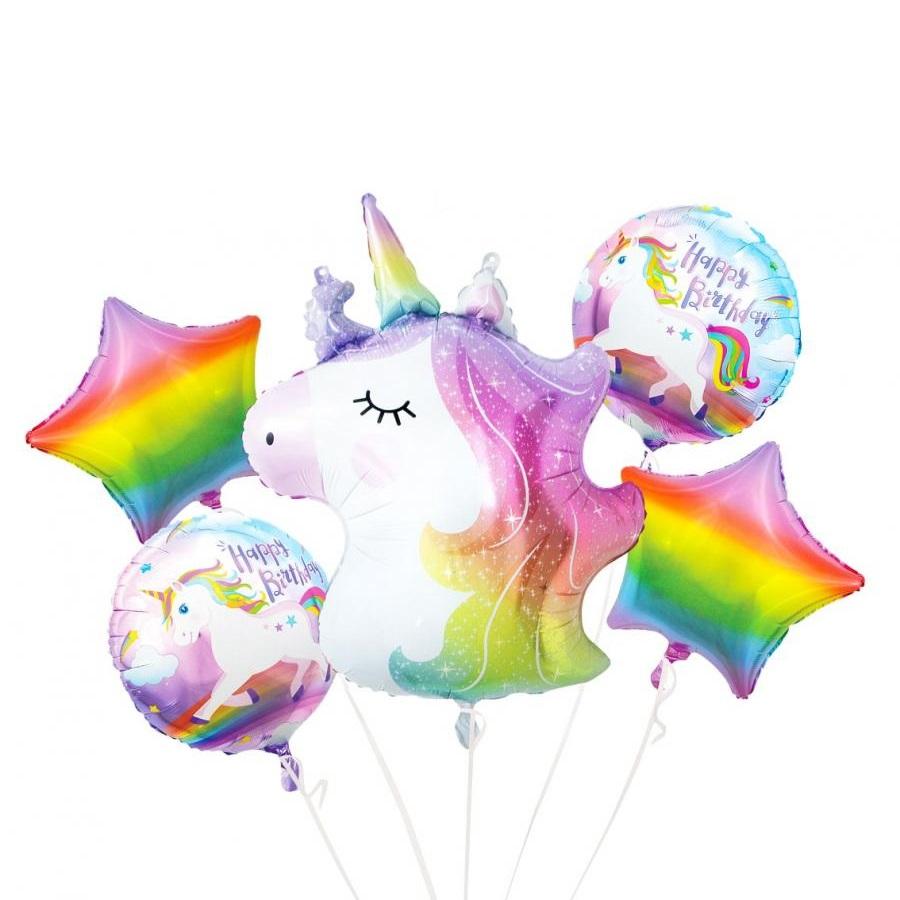 Ballongbukett, enhjørning bursdag - 5 folieballonger