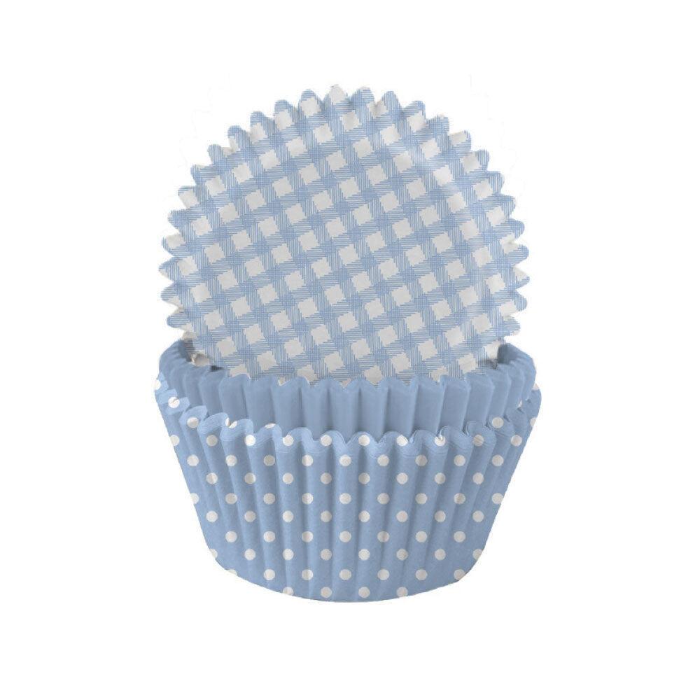 Cupcakeformer, blå ruter og polkadot miks – 75 stk