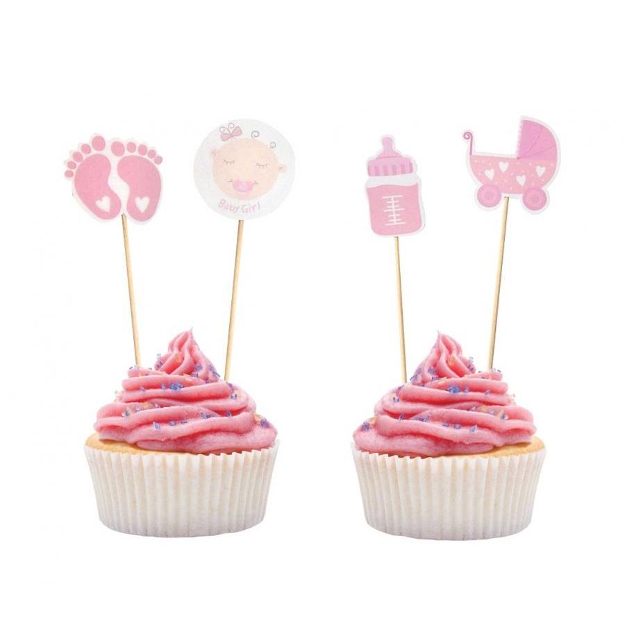 Cupcakepynt babyshower, rosa - 12 stk