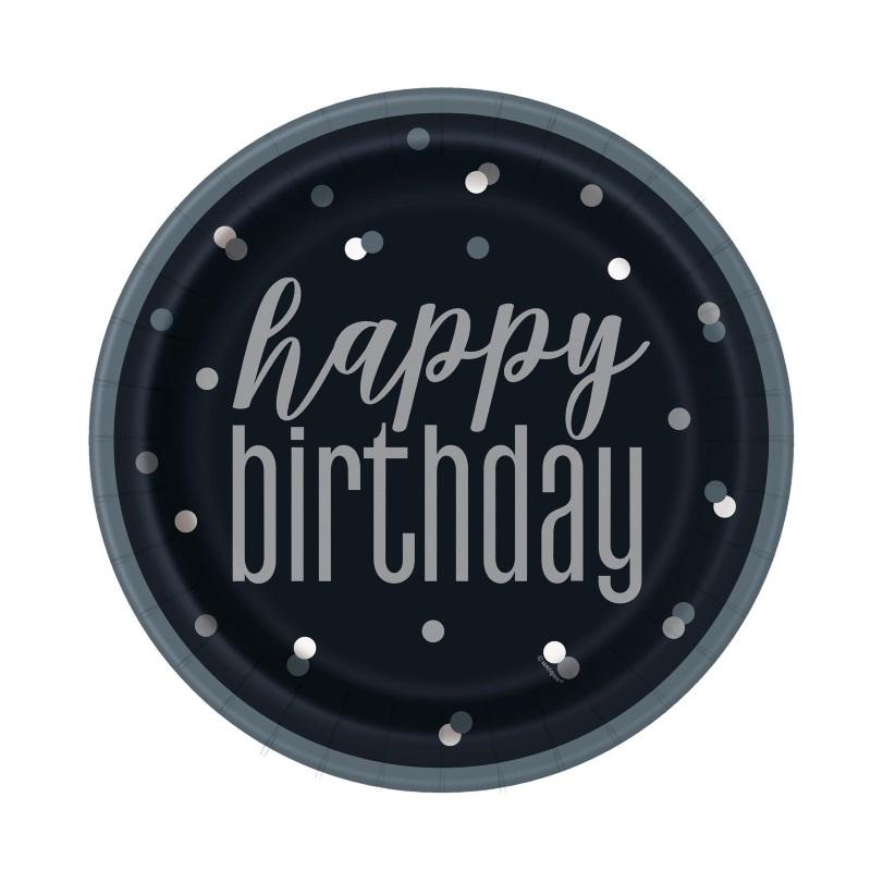 Papptallerkener happy birthday, svart - 8 stk