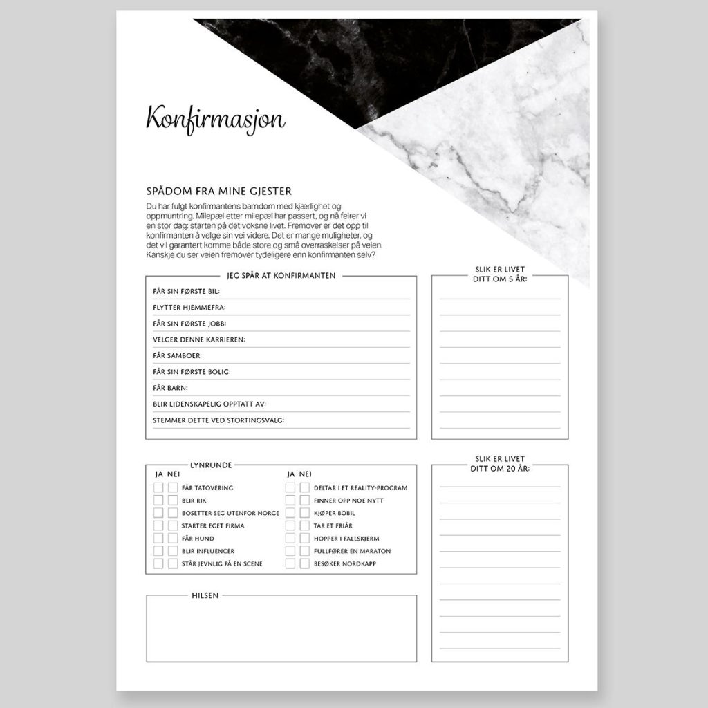 Spådomsark om konfirmanten, svart - 20 stk