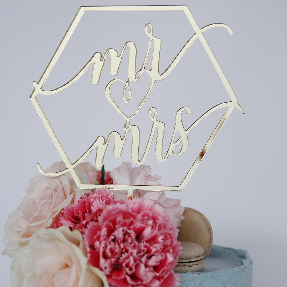 Kakepynt, speil gull - Hexagon mr & mrs