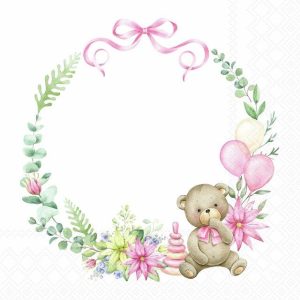 Servietter lunsj, rosa krans med bamse - 20 stk