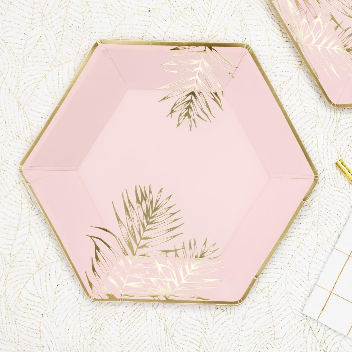 Papptallerkener, rosa med gullblader – 6 stk