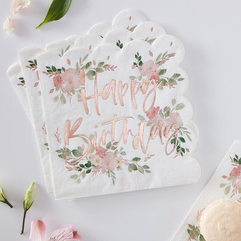 Servietter floral rosegull, Happy birthday – 16 stk