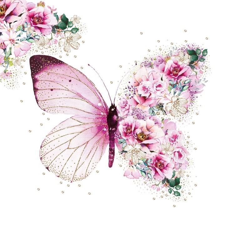 Servietter kaffe, rosa sommerfugl og blomster - 20 stk