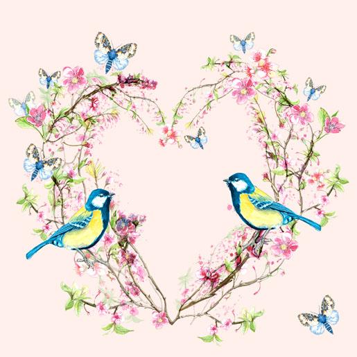 Servietter lunsj, blomsterhjerte og fugler - 20 stk