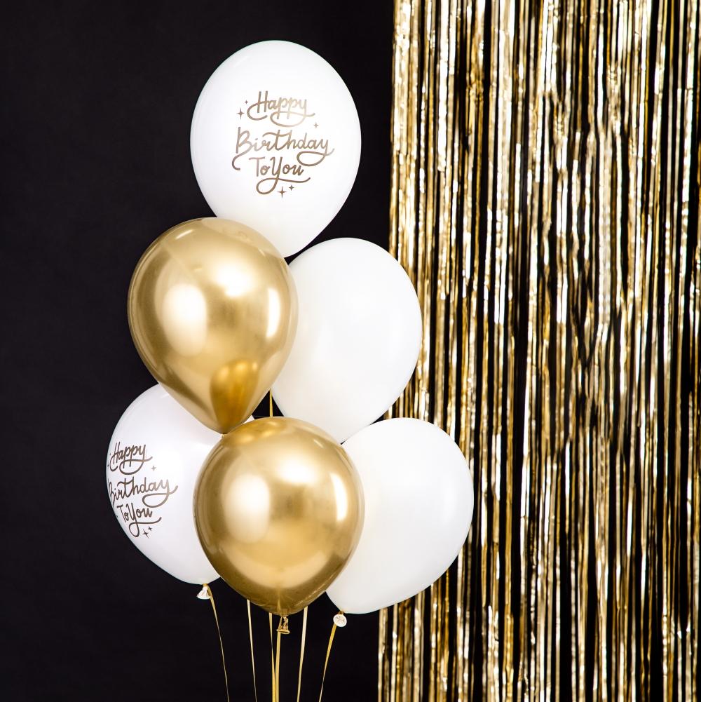 Ballongbukett hvit og gull, 6 stk - Happy birthday