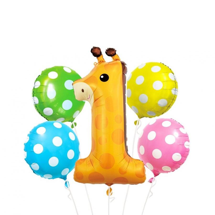 Ballongbukett 1 år, giraff - 5 folieballonger