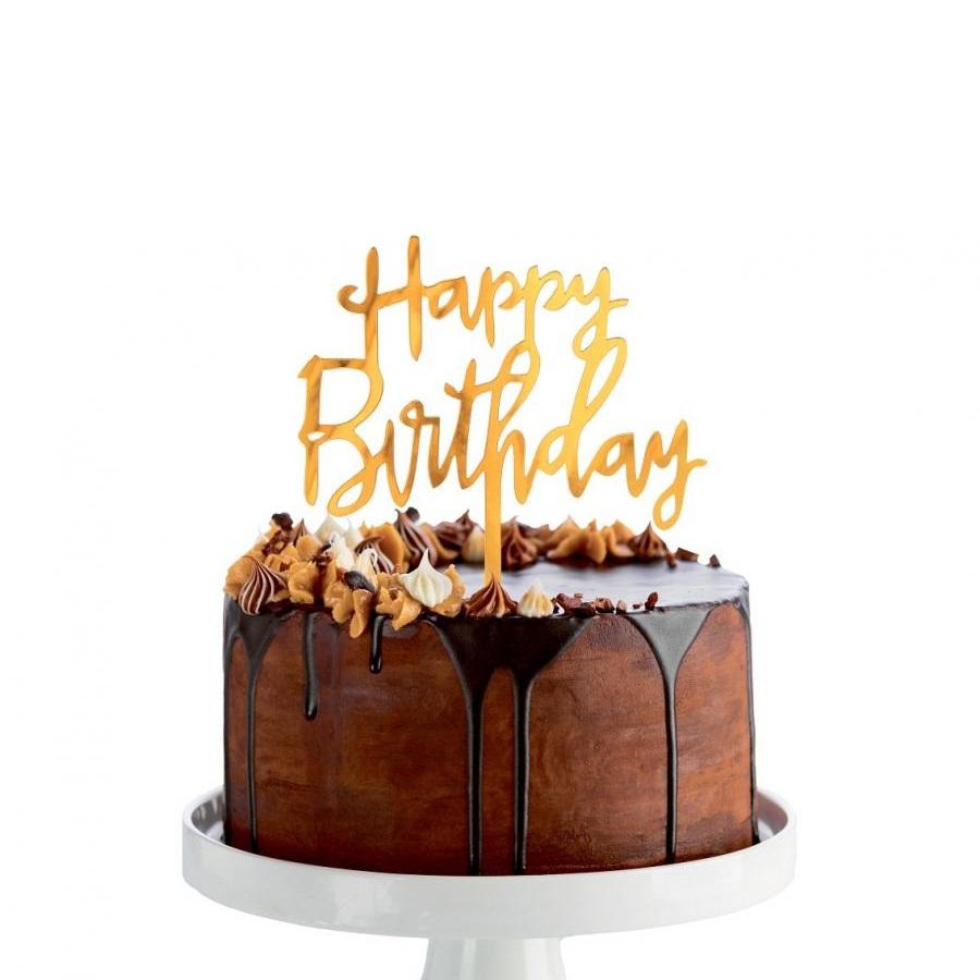 Kakepynt speil, gull løkkeskrift - Happy Birthday