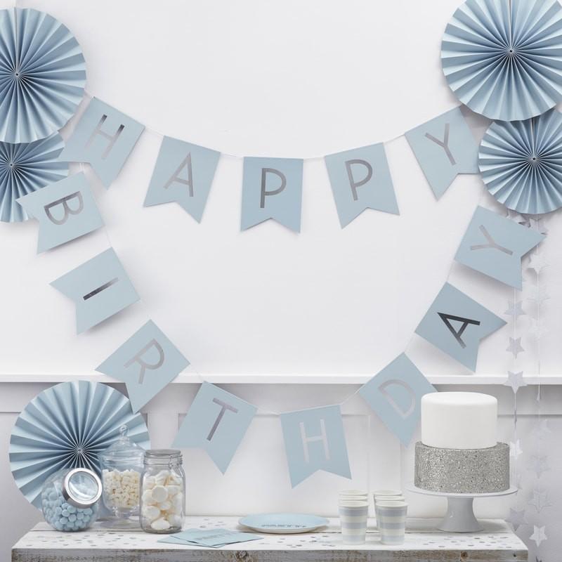 Vimpelrekke blå og sølv - Happy birthday