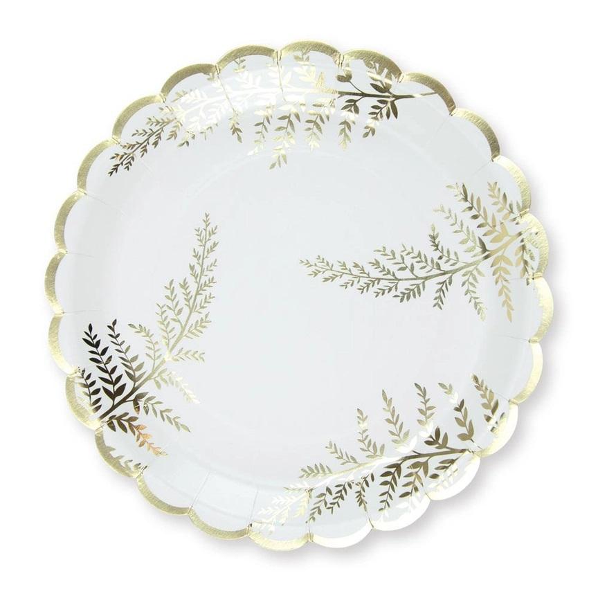 Papptallerkener, hvit med gullbregner - 8 stk