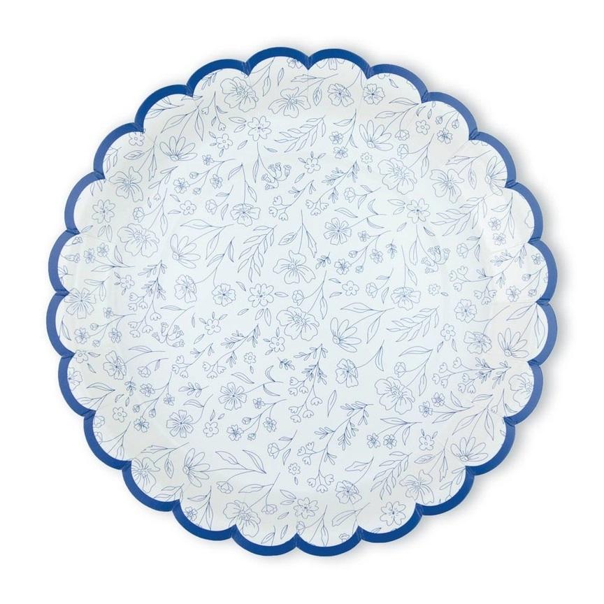 Papptallerkener 25cm, blå blomster - 8 stk