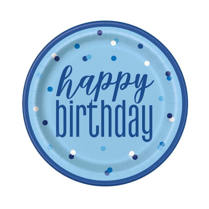 Papptallerkener happy birthday, blå - 8 stk